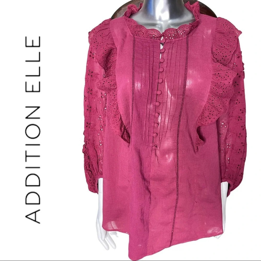 AE Boho Top Eyelet Sleeve and Trim Pintuck Front Detail Plum Size 2X - Picture 2 of 6